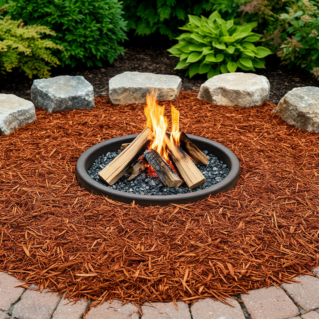 Pine Mulch Enhances Firepit Landscaping