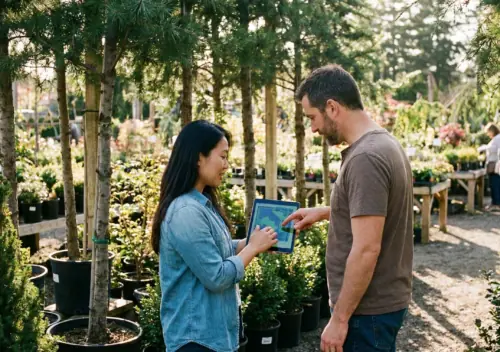 A landscape designer and a client discuss a digital site plan and the cost of evergreens on a tablet at a plant nursery.