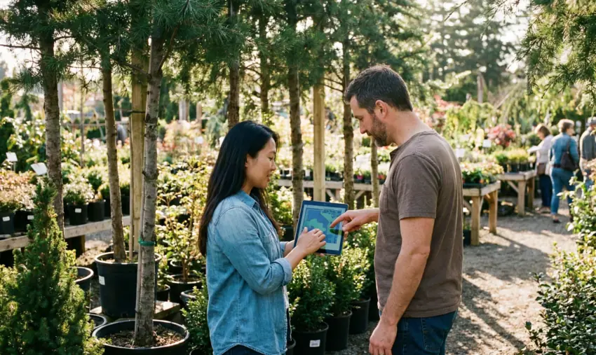 A landscape designer and a client discuss a digital site plan and the cost of evergreens on a tablet at a plant nursery.