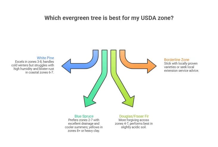 White pine thrives in zones 3–8, tolerating cold winters well, but does not tolerate high humidity and rust in coastal zones 6–7. Blue spruce prefers zones 2–7 with excellent drainage and cooler summers; it often yellows or dies in zones 8+ or in heavy clay soils. Douglas fir and Fraser fir are more tolerant in zones 4–7 but grow best in slightly acidic soils (pH 5.5–6.5).