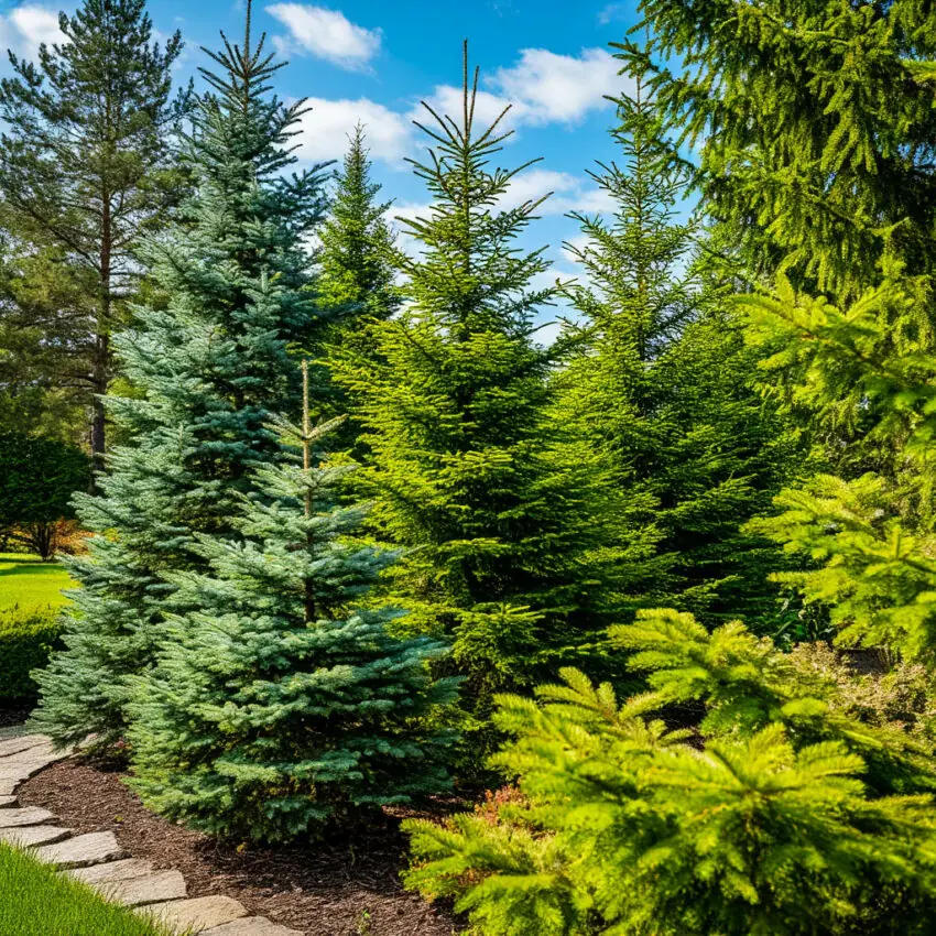A bright day. A plant nursery. Spruce, fir, and pine trees grow nearby.
