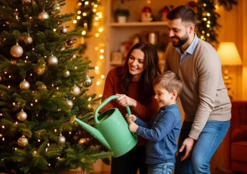 A child pours water from a watering can into a Christmas tree stand. Happy parents stand nearby, supervising the process.