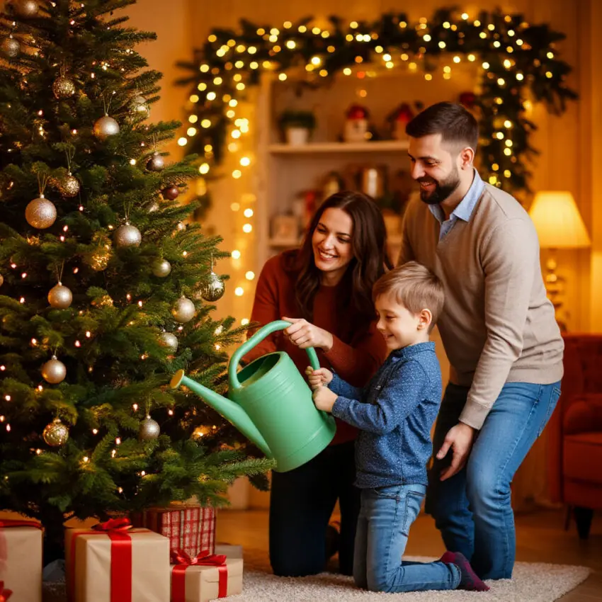 A child pours water from a watering can into a Christmas tree stand. Happy parents stand nearby, supervising the process.
