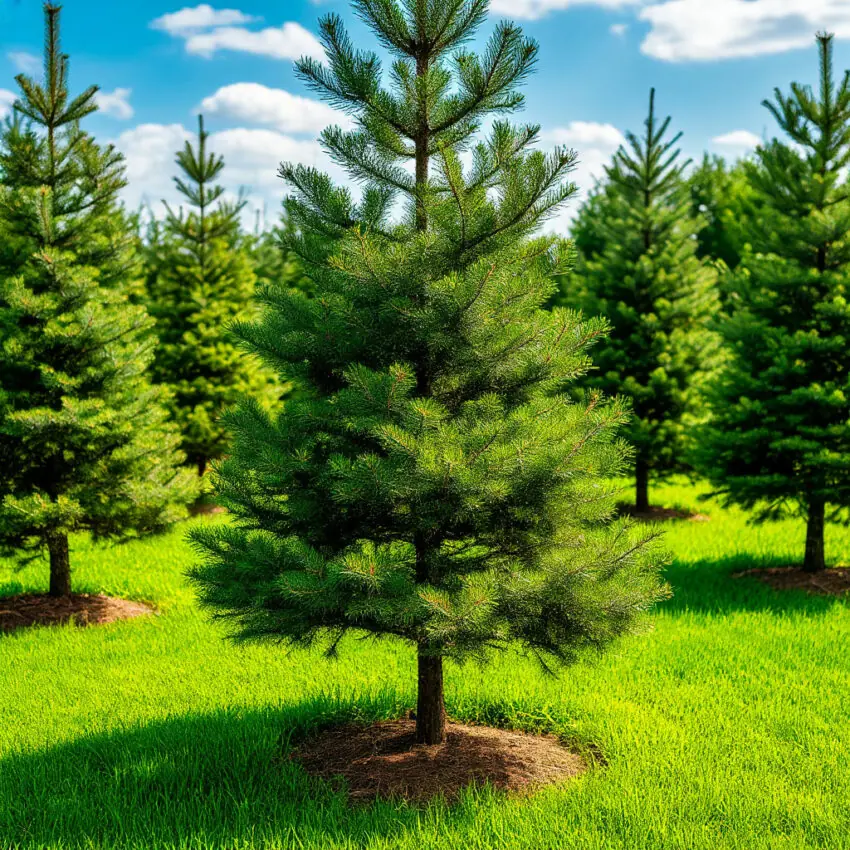 Beautiful healthy pine tree in a plant nursery.