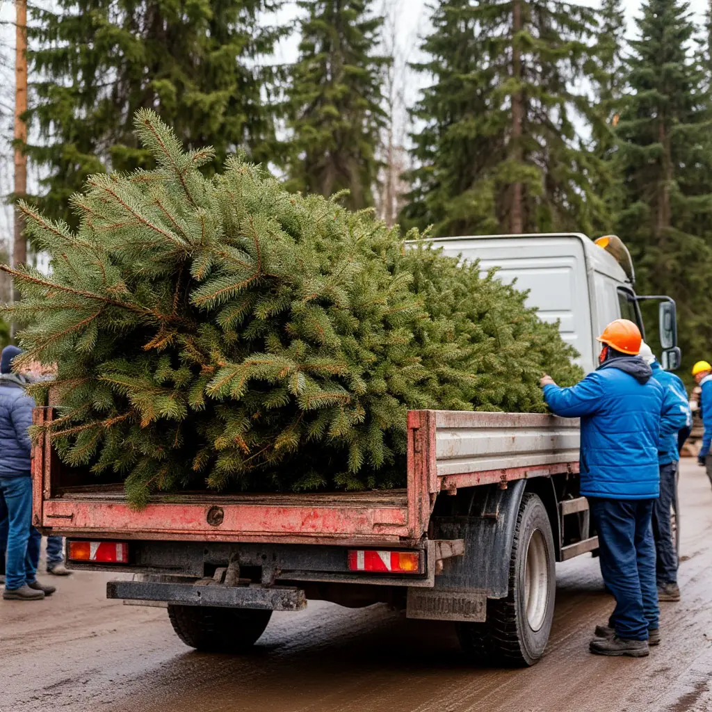 Loaders loading pine trees onto a truck. It's damp outside, just after the rain.