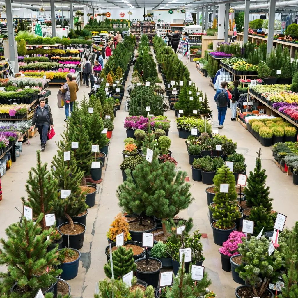 Aerial view of a plant nursery. A huge selection of pine trees is on display. People are walking around, choosing.
