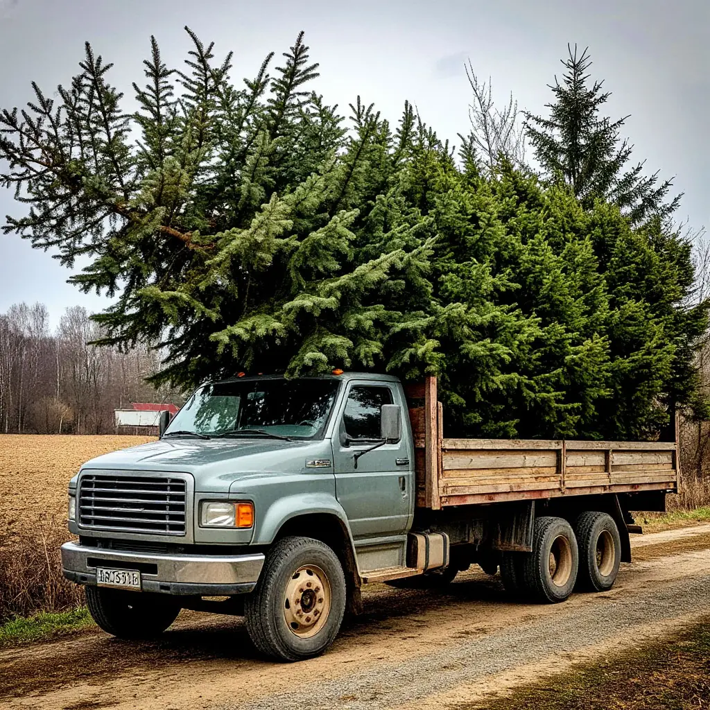 A truck carrying a large pine tree.