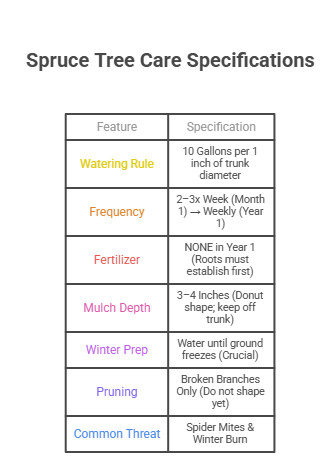 Specification chart for Newly Planted Spruce Tree Care (Year 1). Data includes: Watering Rule of 10 gallons per inch of trunk, Frequency 2-3x/week initially, NO Fertilizer in Year 1 to prevent burn, Mulch depth 3-4 inches, and critical Winter Prep instruction to water until ground freezes.