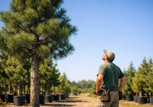 Professional landscaper assessing a mature 20-foot pine tree at a nursery for installation cost estimation