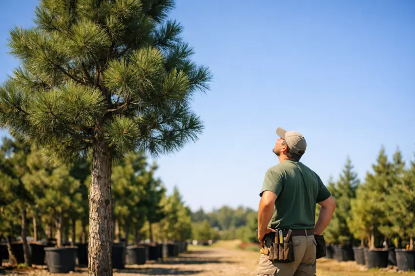 Professional landscaper assessing a mature 20-foot pine tree at a nursery for installation cost estimation