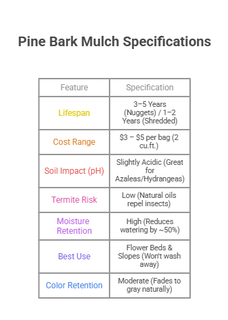 Specification chart for Pine Bark Mulch Landscaping. Data includes: Long Lifespan (3-5 years for nuggets), Low Cost ($3-$5/bag), Slightly Acidic pH benefits (good for acid-loving plants), Low Termite Risk due to natural oils, and High Moisture Retention saving 50% on watering.