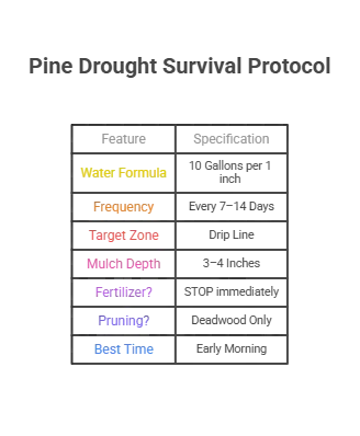 Specification chart for Pine Tree Care During Drought. Data includes: Water Formula of 10 gallons per inch of trunk diameter, Frequency of deep soaking every 7-14 days, Target Zone at the "Drip Line", Critical warning to STOP fertilizing, and avoiding overhead watering to prevent scorch.