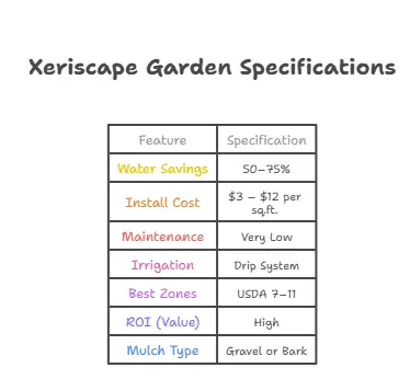 Specification chart for Xeriscape Gardens in the USA. Data includes: Water Savings of 50-75% vs lawn, Installation Cost $3-$12/sq.ft., Very Low Maintenance frequency, Requirement for Drip Irrigation, and warning against "Zero-Scaping" (using only rocks) to avoid heat islands.