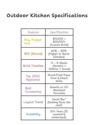Specification chart for 2026 Outdoor Kitchen Trends. Data includes: Average Project Cost $15k-$50k+, ROI of 60-80%, Build Timeline 4-8 weeks, Top Trends (Pizza Ovens/Smart Grills), Best Countertop materials (Granite/Porcelain), and critical warning to run utilities before pouring concrete.