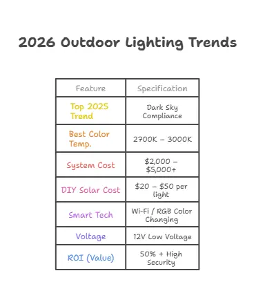 Specification chart for 2026 Outdoor Lighting Trends. Data includes: Top Trend "Dark Sky Compliance", Recommended Color Temperature 2700K-3000K (Warm White), Professional System Cost $2k-$5k+, DIY Solar options, 12V Low Voltage safety, and critical warning against using 5000K bulbs.