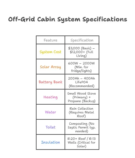 Specification chart for Off-Grid Pine Cabin Systems. Data includes: System Cost $3k-$12k, Solar Array sizing 600W-2000W, Battery Bank 200Ah-400Ah (LiFePO4), Heating via Wood Stove, Rain Collection water system, Composting Toilet, and critical Insulation R-values (R-20 Roof).