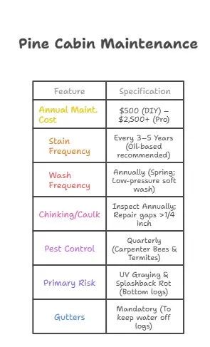 Specification chart for Pine Cabin Maintenance. Data includes: Annual Cost $500-$2,500+, Staining Frequency every 3-5 years, Annual Washing requirement, Quarterly Pest Control (Carpenter Bees), and the critical need for Gutters to prevent Splashback Rot on bottom logs.