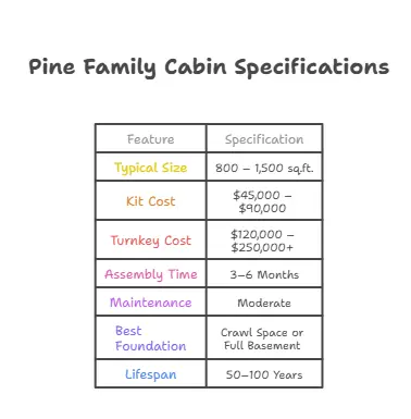 Specification chart for Family Pine Cabin Retreats. Data includes: Typical Size 800-1,500 sq.ft. (2-3 Bed + Loft), Kit Cost $45k-$90k, Turnkey Cost $120k-$250k+, Assembly Time 3-6 months, Moderate Maintenance (stain every 3-5 years), and 50-100 Year Lifespan.