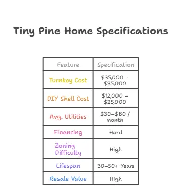 Specification chart for Affordable Tiny Pine Homes. Data includes: Turnkey Cost $35k-$85k, DIY Shell Cost $12k-$25k, Low Monthly Utilities ($30-$80), Financing difficulty (Personal/RV Loan only), High Zoning Difficulty (<600 sq.ft. restrictions), and 30-50+ Year Lifespan.