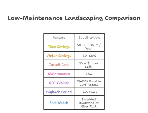 Specification chart for Low-Maintenance Landscaping in the USA. Data includes: Time Savings of 50-100 hours/year, Water Savings of 30-60%, Installation Cost $5-$15/sq.ft., Low Maintenance frequency (2x/year), and a Payback Period of 3-5 years through utility savings.