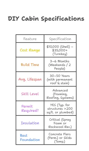 Specification chart for DIY Pine Tiny Cabins. Data includes: Cost Range $10k-$35k (Turnkey), Build Time 3-6 months, Advanced Skill Level required, Permit usually required (>200 sq.ft.), Critical need for insulation, and Average Lifespan of 30-50 years.