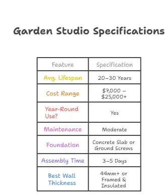 Specification chart for Insulated Pine Garden Studios. Data includes: Average Lifespan 20-30 years, Cost Range $7,000-$25,000+, Year-Round Capability (requires R-13 insulation), Moderate Maintenance (re-stain every 3-5 years), and recommendation for 44mm+ wall thickness for thermal efficiency.