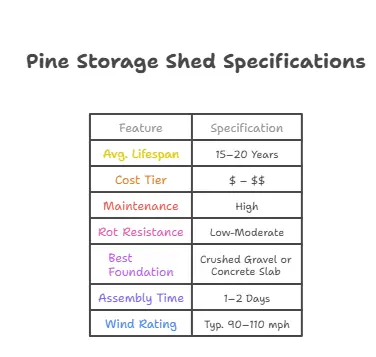 Specification chart for Pine Storage Sheds (Softwood). Data includes: Average Lifespan 15-20 years (maintained), Cost Tier Budget-Friendly, Maintenance requirement to repaint every 3-5 years, Low Rot Resistance requiring elevated foundation (Gravel/Concrete), and typical wind rating of 90-110 mph.