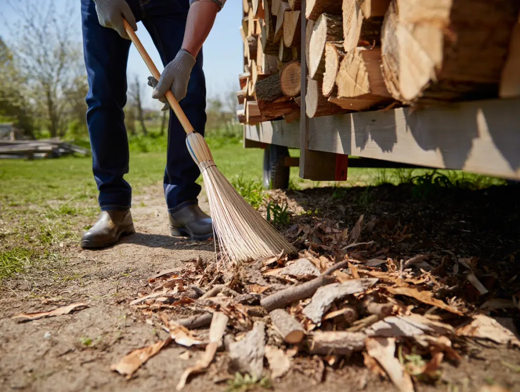 Cleaning Under Firewood Rack Outdoor