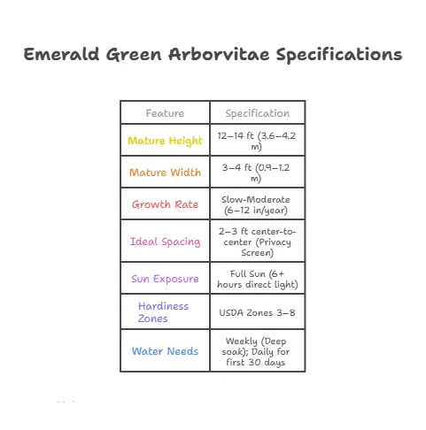 Quick specification chart for Emerald Green Arborvitae (Thuja occidentalis 'Smaragd'). Data table includes: Mature Height 12-14 ft (3.6-4.2 m), Width 3-4 ft, Growth Rate 6-12 inches per year, USDA Hardiness Zones 3-8, and ideal privacy spacing of 2-3 feet.