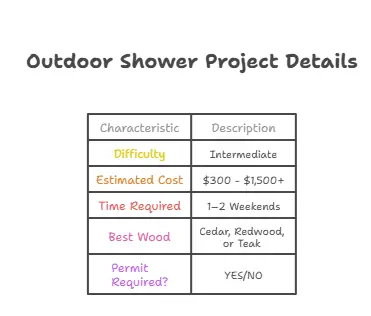 Infographic showing a DIY outdoor shower project overview. Data points include: Difficulty Level is Intermediate (requires Carpentry + Basic Plumbing); Estimated Cost ranges from $300 for a hose-fed setup to $1,500+ for a plumbed hot/cold system; Time Required is typically 1–2 Weekends; Best rot-resistant wood choices are Cedar, Redwood, or Teak; Permits are usually required for hot water/sewer connections, but usually NO for cold hose rinses (check local codes).
