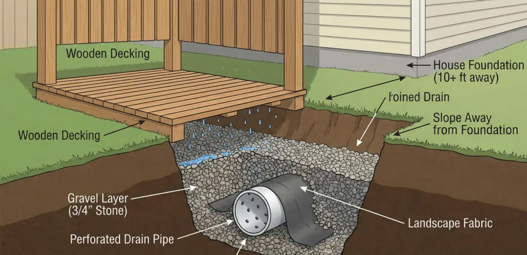 Technical illustration of a French drain system for a DIY outdoor shower. The diagram shows a cross-section including: wooden decking, a 12-inch deep pit filled with 3/4-inch gravel, a perforated drain pipe wrapped in landscape fabric, and a slope directing water away from the house foundation (minimum 10 feet distance).